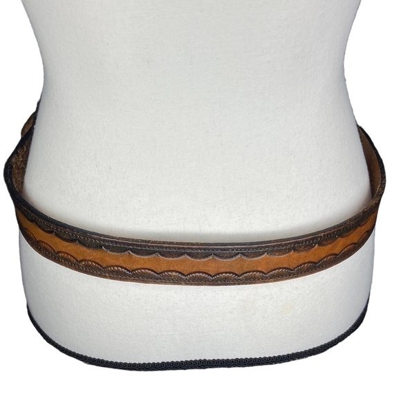 Hand Tooled Leather Belt Size 34 Two Toned Brown Western Scalloped Embossing